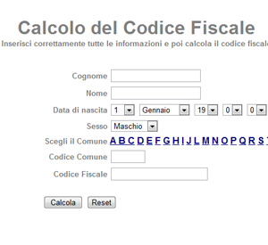Calcolo del codice fiscale su http://gratis.pietrelcinanet.com/codice_fiscale/codice.htm
